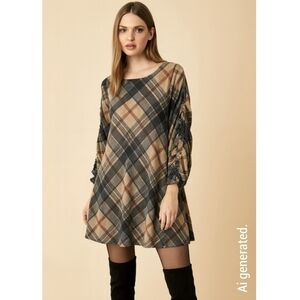 CHETTA B Bias Plaid 3/4 Sleeve Mini Knit Dress, Ruffle Details, Size M